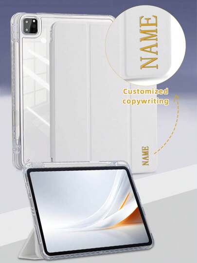 1pc Clear Acrylic 3-Fold White Flat Case With Customizable Text, 3-Fold Stand With Pen Slot, High-Transparency Acrylic Back Shell, Magnetic Sleep/Wake, Creative Minimalist IPad Flip Case, Compatible With IPad Mini6/Mini7/Air/Air2/9.7/10.2/10.5/Air4/Air5/10.9inch/Pro11in.(M2)-2024/Pro 11-In.(M4)-2024, Peel Off Film Before Use