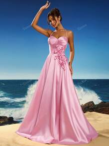 Toosun Women Elegant Solid Color 3D Floral Decor Backless Halter Formal Evening Gown, Party Dress, Wedding Guest Dress, Evening Dress