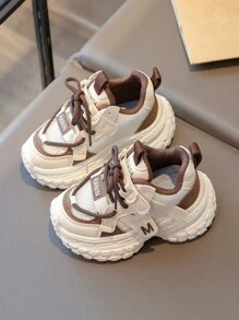 Kids' Fashionable Casual Sports Shoes, Student Running Shoes, Campus Sports Chunky Sneakers, Suitable For All Seasons, Color Blocking Woven Sports Shoes - Khaki - View 3