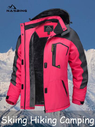 NASBING Women's Winter Skiing Jacket Water Resistant Windproof Thermal Lined Hooded Thermal Winter Clothes Windbreaker Hiking Skiing Camping Mountaining Coat,Fleece,Skiing