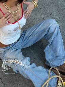 女式水洗牛仔直筒牛仔裤，带系带装饰，秋季