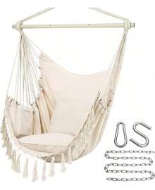 Y- Stop Hammock Chair Hanging Rope Swing Chair, Max 500 Lbs, 2 Seat Cushions Included, Removable Steel Spreader Bar With Anti-Slip Rings, Hardware Kit-For Indoor Or Outdoor(Dark Grey) - B-beige - View 1