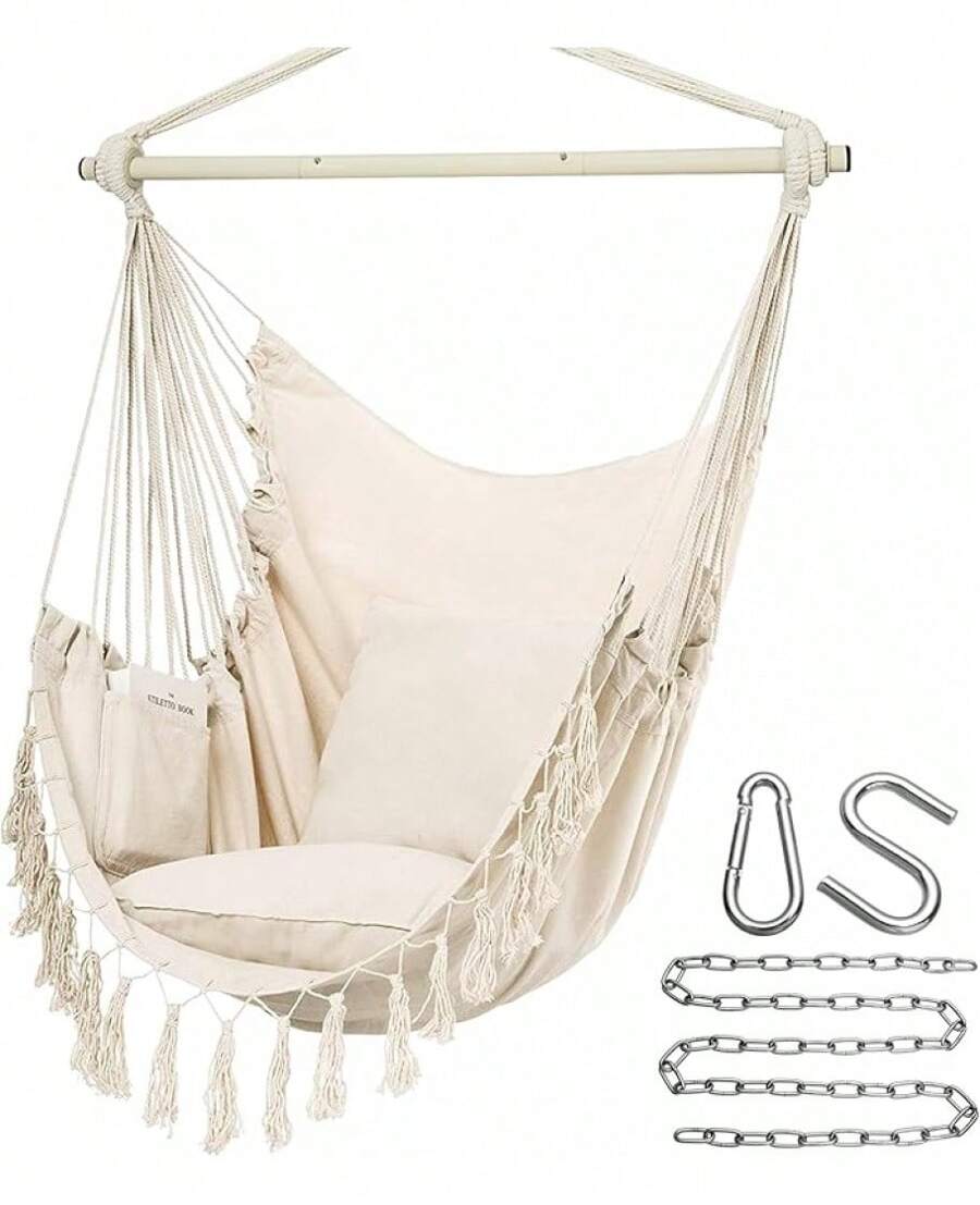 Y- Stop Hammock Chair Hanging Rope Swing Chair, Max 500 Lbs, 2 Seat Cushions Included, Removable Steel Spreader Bar With Anti-Slip Rings, Hardware Kit-For Indoor Or Outdoor(Dark Grey) - B-beige - View 1