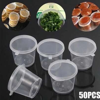 50/100个酱料杯，商用透明食品蘸料容器，便携式密封塑料杯带盖，一体式外卖打包盒