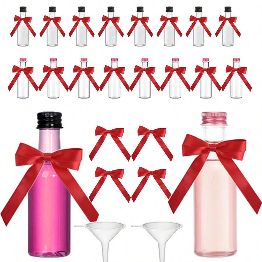 Set de 10/32/2 botellas de vino plásticas vacías decoradas con una cinta roja, con tapa de rosca que no se fuga fácilmente, ligeras y portátiles, se pueden llenar con jugo de frutas/bebidas espirituosas/jengibre/whisky, adecuadas para bodas, fiestas, arte.