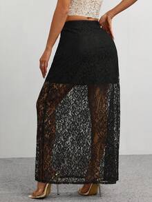 Saia vintage preta de cintura alta com corte reto e painel de malha