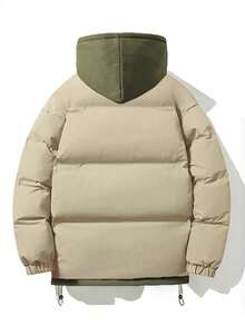 Men's Winter Jacket, Relaxed Fit, Thick Warm, Color Blocking & Faux Twofer Design - Khaki - View 2