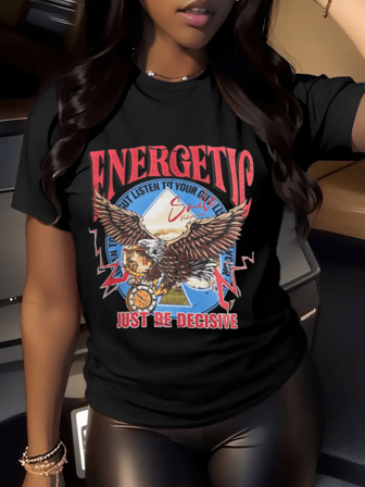 Women's 1Pcs 220g Pure Weight Cotton Fashion Digital Print T-Shirt Energetic Eagle Graphic Tee With Inspirational Quotes