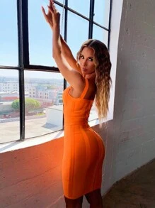 Letnia Elegancka Spaghetti Pasek Dekolt w Serek Krótka Dopasowana Sukienka Damska Prążkowana Sukienka Bandażowa Seksowna Pomarańczowa Sukienka Na Wieczorne Wyjście Koktajlowa Ubrania
