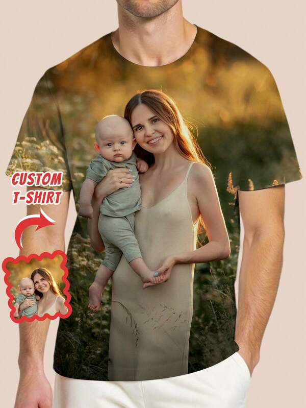 1 stuk gepersonaliseerd T-shirt met korte mouwen en foto voor heren, volledig bedrukt T-shirt, geschikt voor dagelijks gebruik in de zomer, cadeau voor Moederdag of verjaardagscadeau
