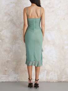 Women Summer Midi Cami Dress Sleeveless Backless Irregular Ruffle Hem Ruched Dress - Green - View 9