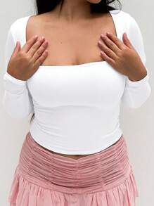 Vaiaye Women's Spring/Summer Y2K Square Neck Long Sleeve Fitted T-Shirt, Solid Color Sexy Top, Suitable For Valentine's Day - White - View 10