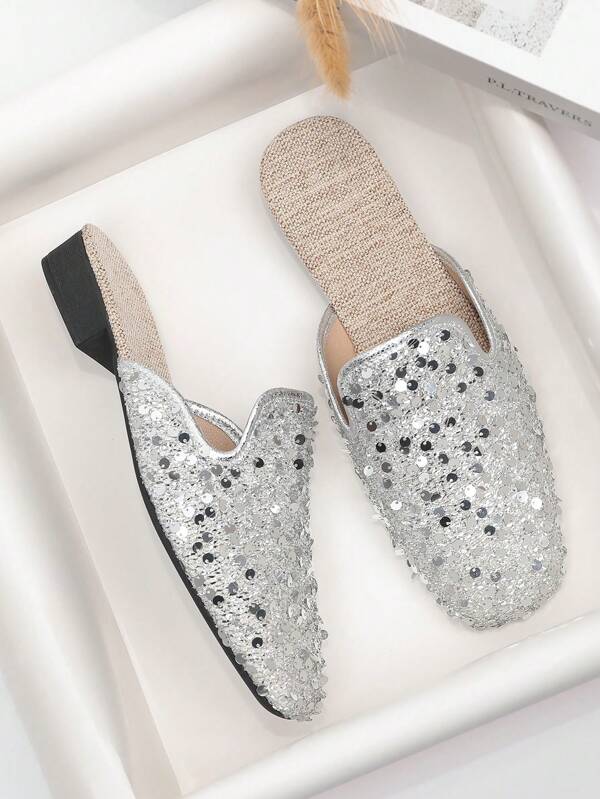 Women's Silver & Gold Decorative Buckle Square Toe Slip-On Flat Mules, Breathable Closed Toe Slide Sandals For Summer Wear With Dresses