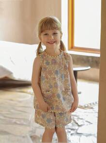 Humor Bear 年轻女孩花卉刺绣荷叶边衬衫和短裤两件套服装，时尚夏季套装 - 卡其色 - 查看 6