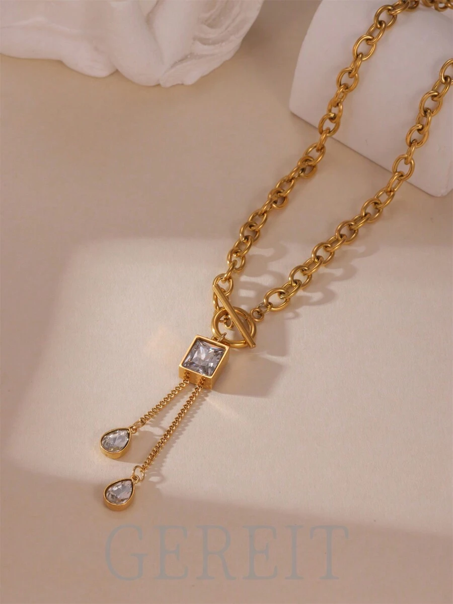GEREIT 1 件女士时尚奢华水滴锆石 18K 镀金不锈钢加厚链条项链带 OT 扣 - 金色 - 查看 1