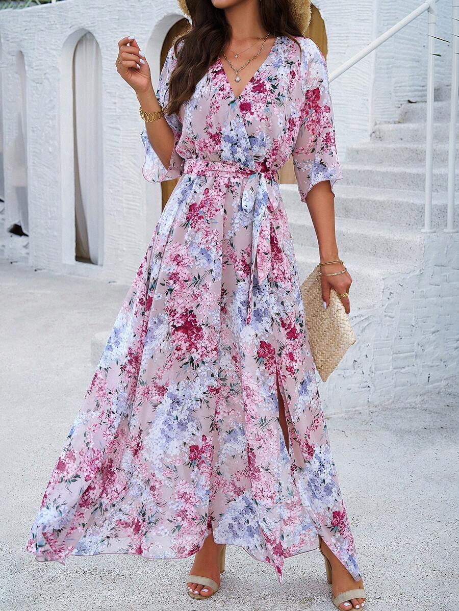 PoPoHouse Women's Elegant Romantic Holiday Wind Floral Print Belt Summer Dress, Beach Vacation Outfits Women Pink - Pink - View 1