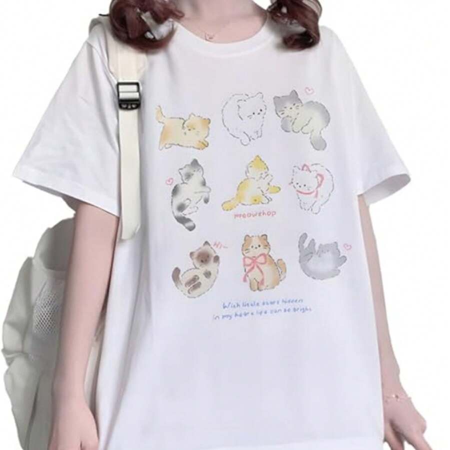 Harajuku Kawaii Goth Casual Loose Style Soft Short Sleeve Crewneck Cute Cartoon Cats Shop Print T-Shirt - 白色 - 查看 1