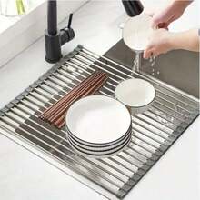 2pcsMultifunctional Kitchen Sink Dish Drainer Rack With DishDrying Mat, Foldable Stainless Steel Dish Drain Roll UpRack - Multicolor - View 4