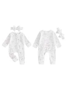 Baby Girl Spring Fall Winter Clothes Newborn Baby Girl Hospital Going Home Outfit Ribbed Footed Romper Bow Print Long Sleeve Full Length Ruffle Zipper Footie Jumpsuit Headband - 白色 - 查看 3