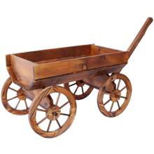 Wood Wagon Flower Planter Pot Stand W/Wheels Home Garden Outdoor Decor
