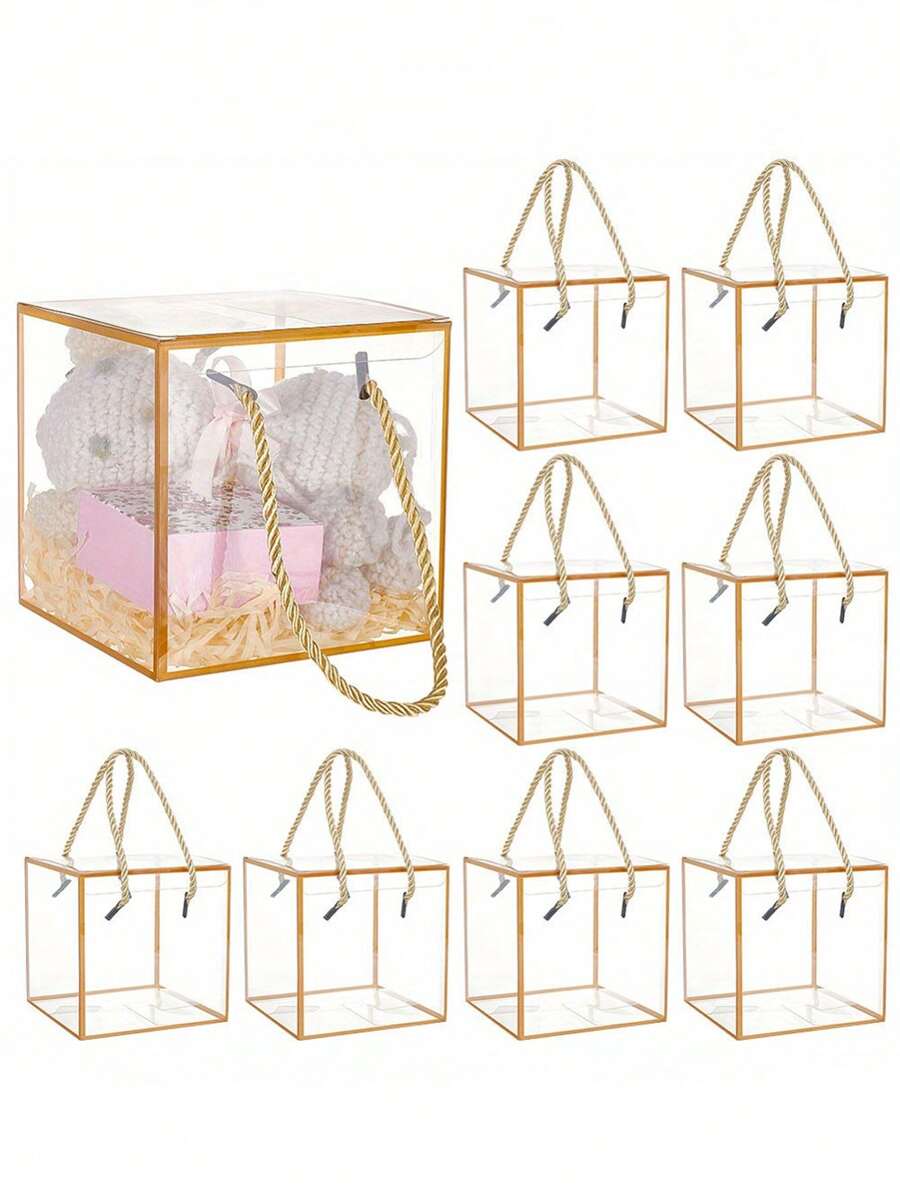 10 件装透明亚克力礼品盒,带涤纶绳,矩形透明展示盒,4.72 英寸 X 4.72 英寸 X 4.72 英寸,适用于圣诞节、生日派对礼品、节日礼品、零售展示、珠宝包装、购物手提袋和包装盒 - 透明金邊 - 查看 1