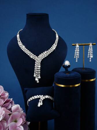 5 件/套水滴方晶锆石流苏首饰套装，适合女性婚礼、派对、生日、节日聚会、礼服配饰