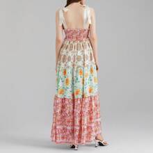 Women Summer Casual Cami Long Dress Floral Print Tie-Up Shoulder Straps Sleeveless Dresses Long Dress Summer Vacation Beach Sundress Big Swing A-Line Dress - Màu tím hoa cà - Xem 5