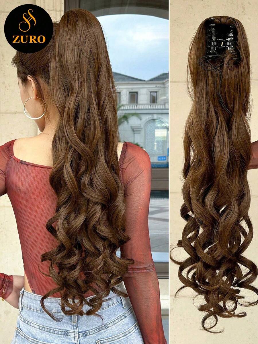 爪形马尾接发，浅棕色，32英寸长，水波纹，耐热纤维合成假发，适合女性、女孩，派对日常使用。