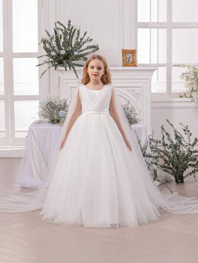 Tween Girl Sequin Bow Tulle Party Dress, Elegant Princess Gown, Suitable For Birthday Gift, Banquet, Wedding, Flower Girl, Holiday Celebration