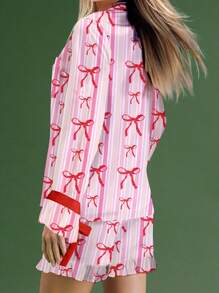 Women Matching Pajamas Bow Stripe Print Button Down Long Sleeve Lapel Tops Shorts Family Summer Sleepwear