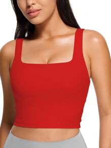 KAHULE Cute Double Layer Seamless Slim Fit Tank Tops Women's Square Neck Sleeveless Crop Tops - Red - View 1