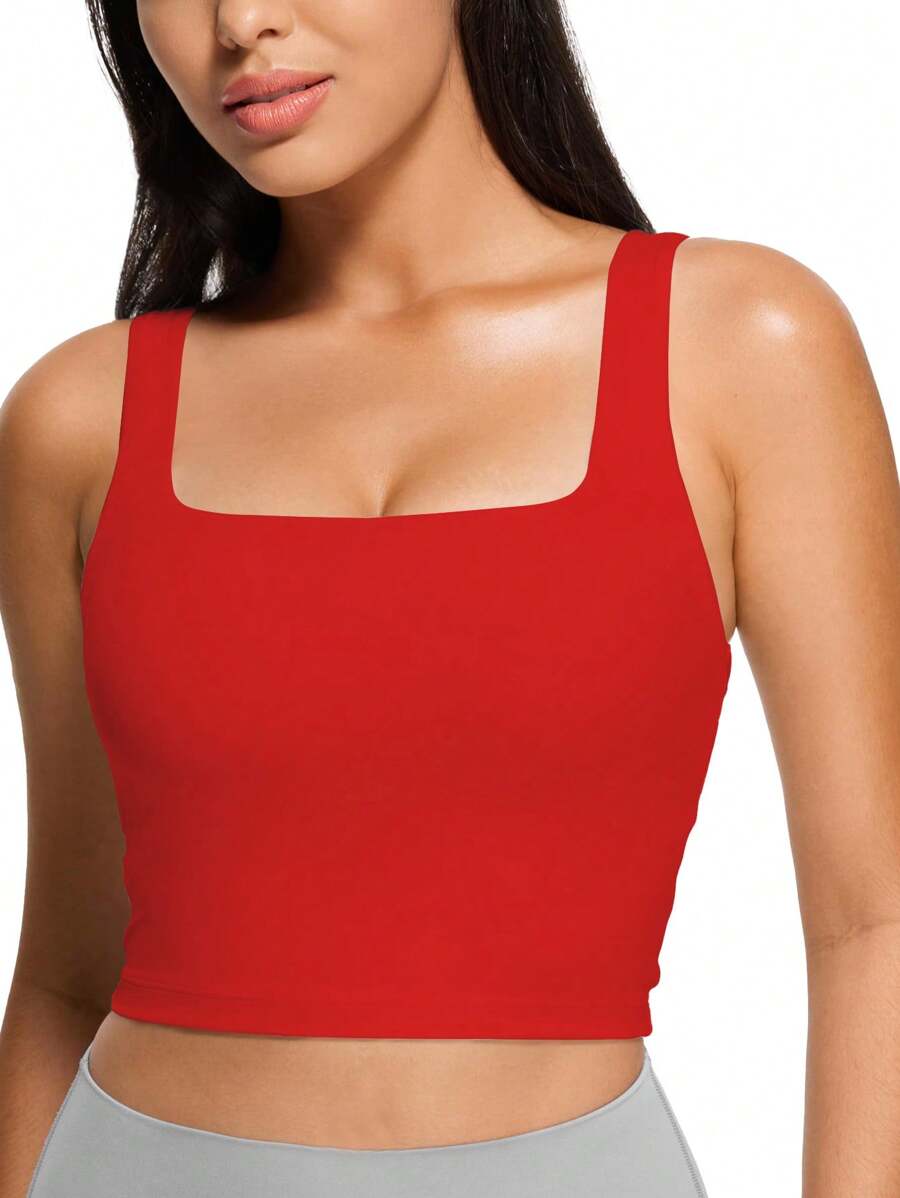 KAHULE Cute Double Layer Seamless Slim Fit Tank Tops Women's Square Neck Sleeveless Crop Tops - Red - View 1