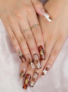 10pcs Handmade Long Square Press On Nails 3D Cherry, Art Flower, Pointed Star Fake Nails Vintage French Tip Nails Style For Women And Girls