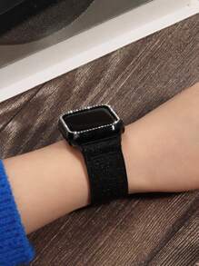 2 件/套保护壳和表带，适用于 38 40 41 42 44 45 46 毫米，兼容 系列 11 10 9 8 7 SE 6 5 4 3 2 1，镶嵌闪亮水钻，高光电镀黑色/银色/金色，配有 BlingBling 弹力环形腕带，最佳配件套装兼容