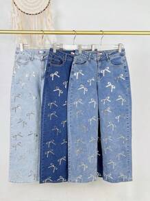Jeans Strech con Moños y Brillos - Azul lavado oscuro - Ver 1