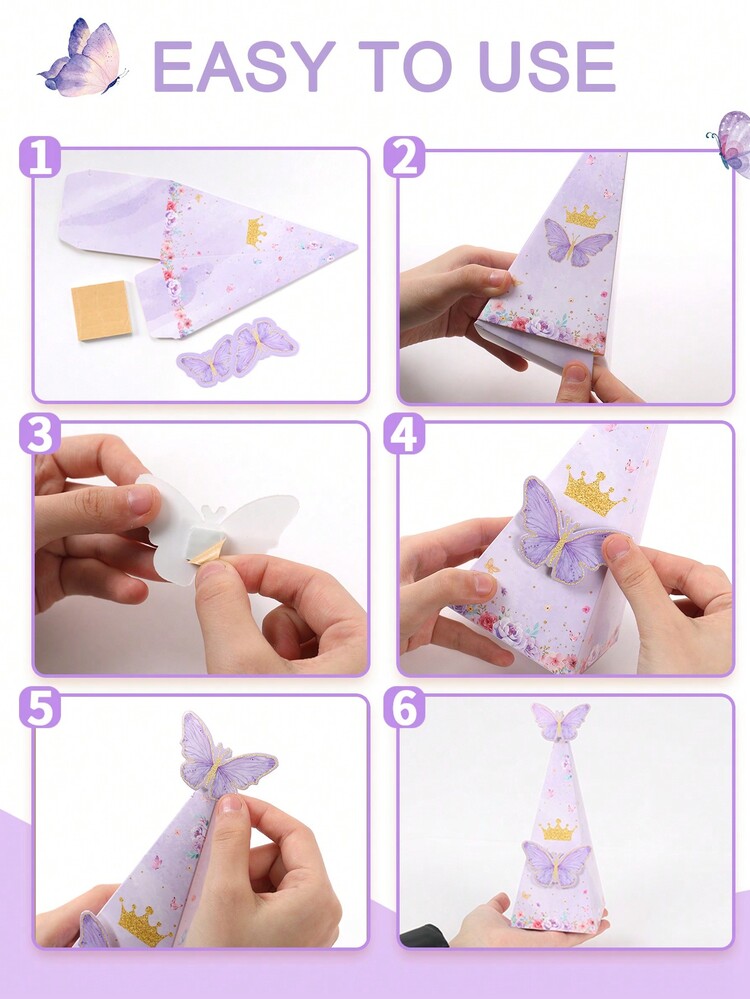 6 件美丽蝴蝶主题三角形礼盒，12 件粉紫色蝴蝶贴纸，蝴蝶礼品包装盒生日包装用品，1 岁生日宝贝淋浴性别揭示派对装饰礼品包装盒 - 蝴蝶 - 查看 7