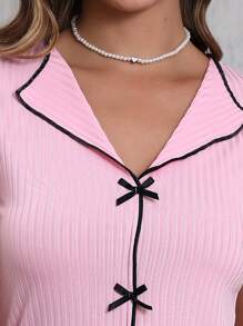 女士夏季睡衣两件套，休闲 V 领短袖蝴蝶结衬衫和罗纹短裤，优雅家居服，可外出穿着 - 粉色 - 查看 8