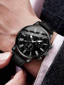 1 Stück Herrenleder Gürtel Lässig Sport Römische Skala Klassische Quarz Armbanduhr, ohne Uhrenetui