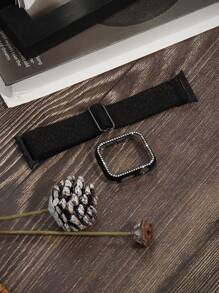 2 件/套保护壳和表带，适用于 38 40 41 42 44 45 46 毫米，兼容 系列 11 10 9 8 7 SE 6 5 4 3 2 1，镶嵌闪亮水钻，高光电镀黑色/银色/金色，配有 BlingBling 弹力环形腕带，最佳配件套装兼容