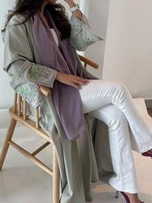 1 Piece Of Fashionable And Simple Coconut Palm Embroidery Splicing Cuffs Women's Dress Robe, Elegant Solid Color Long Dress Cardigan Long Dress Abaya Suitable For Festivals And Daily Life To Show Summer Style,Modest - Green - View 2