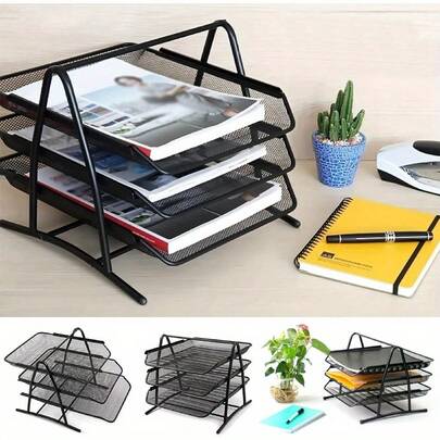 Mesh Desk Organiser 3 Tier Letter Tray Stackable Mesh File Holder Office A4 Filing Desktop Document Storage For Home Office (Black)