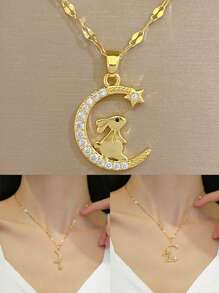 1 星月钻石项链，精致时尚轻奢风闪耀锆石星月小兔吊坠项链，日常通勤风项链