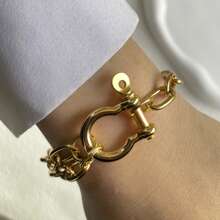 1条 STYLEVER 双色链条手链，带扣手链，螺丝手链，金色马蹄形吊坠手链，U形吊坠手链，不锈钢链 - 金黃色 - 查看 5