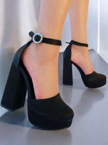 Zapatillas altas para mujer, tacón alto ancho, cerradas, con correa tobillo, punta redonda, para eventos, fiestas, bodas, cómodas, hebilla redonda. Primavera-Verano - Negro - Ver 7