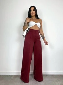 Women's Skinny Pants, High Waist, Wide Leg, Sophisticated, Blogger, Elegant - 酒紅色 - 查看 8