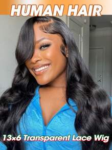 13x6 蕾丝前假发 人发波浪蕾丝前假发 人发预拔 200 密度透明蕾丝前假发 适合女性的婴儿头发 自然黑色长波浪假发波浪发型 - Natural Black - 查看 2