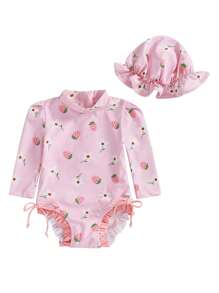 Traje de baño de manga larga con cuello alto y estampado floral/de conchas para niña, conjunto de 2 piezas con gorro - Rosa - Ver 1