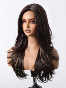 22 Inch Brown Highlight Long Layered Synthetic Wig For Women Middle Part Natural Looking Black Brown Wig For Girl Daily Party Wear