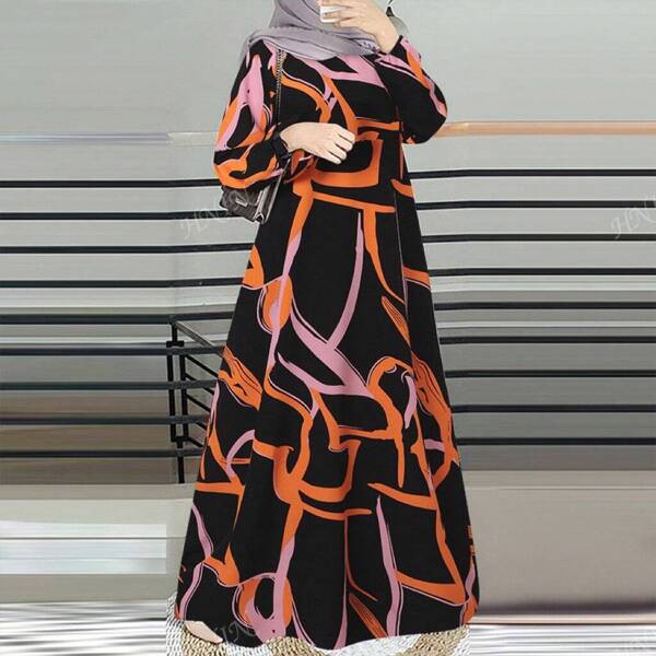 Vintage Puff Sleeve Ruffle Hem Pocket Decor Arabic Style Midi Dress, Spring & Autumn,Modest
