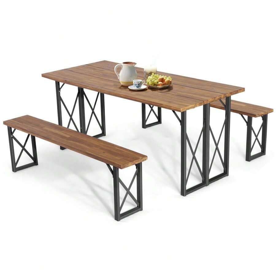 6-Person Outdoor Picnic Table & Bench Set Garden Wood Dining Table - Black - View 1
